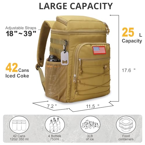 25L Insulated Cooler Backpack Water-Resistant Molle Cooler Bag for Camping | 25L Large Capacity Tactical Cooler Backpack Bag with Compartment Insulation Water-Resistant & Leakproof Durable & Comfortable - color: Brown