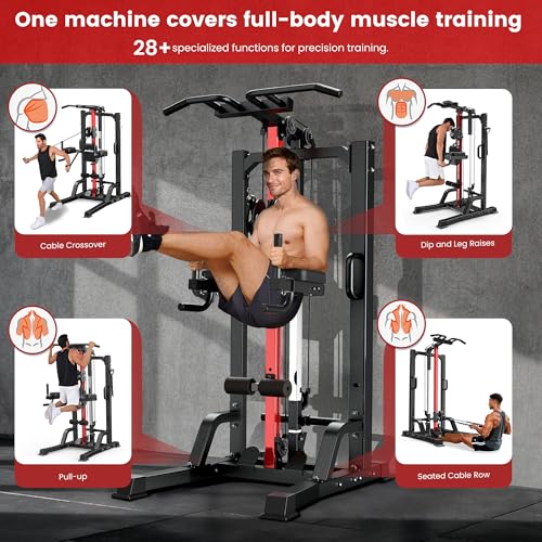 Pull Up Bar Power Tower Dip Station with Cable Machine, 450LB Home Gym | Pull up bar, dip station and 16-position cable system for pull ups, dips, lat pulldowns, rows and full-body training - color: Black-04