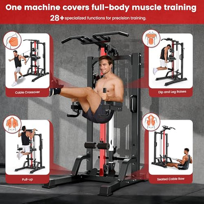 Pull Up Bar Power Tower Dip Station with Cable Machine, 450LB Home Gym | Pull up bar, dip station and 16-position cable system for pull ups, dips, lat pulldowns, rows and full-body training - color: Black-04