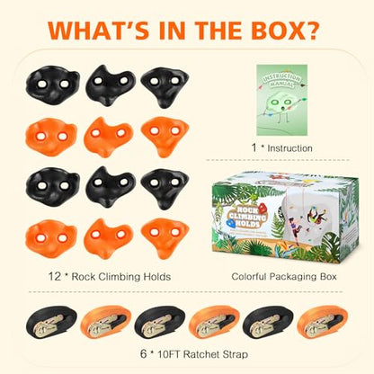 TOPNEW 12 Ninja Tree Climbing Holds for Kids Climber, Orange & Black Tree Climbing Kit with 6 Ratchet Straps for Outdoor Ninja Warrior Obstacle Course Training - style: 12 Pcs Orange & Black 1