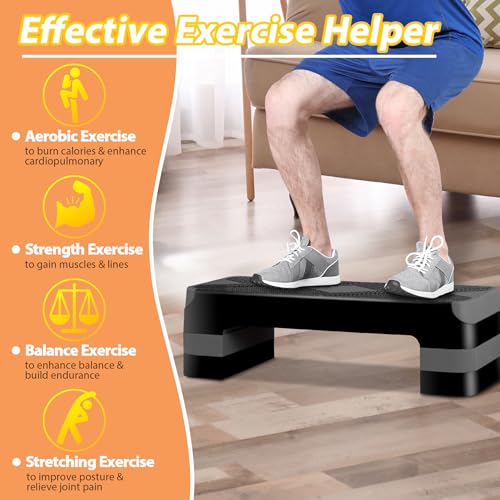 HomGarden Adjustable Workout Aerobic Stepper in Fitness & Exercise Step Platform Trainer Stepper w/Risers Adjust 4"-6''-8'' - color: Grey
