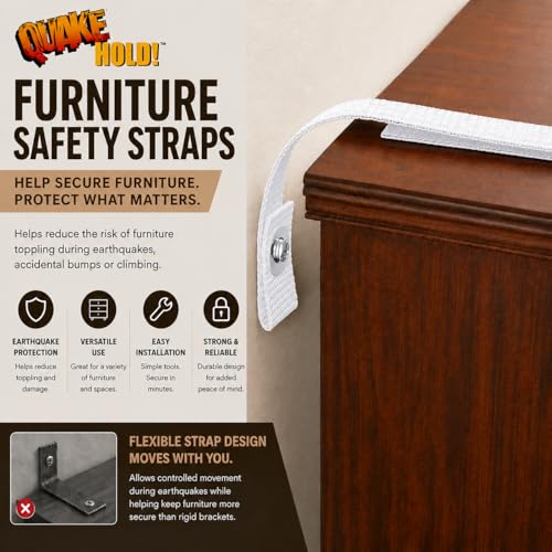 QuakeHold! Furniture Strap Kit for Earthquake Safety and Anti Tip Protection, Adjustable Furniture Wall Anchor Straps for Bookcases, Cabinets, Dressers, Entertainment Centers and Shelving, White | Adjustable Furniture Wall Anchor Straps for Earthquake Saf