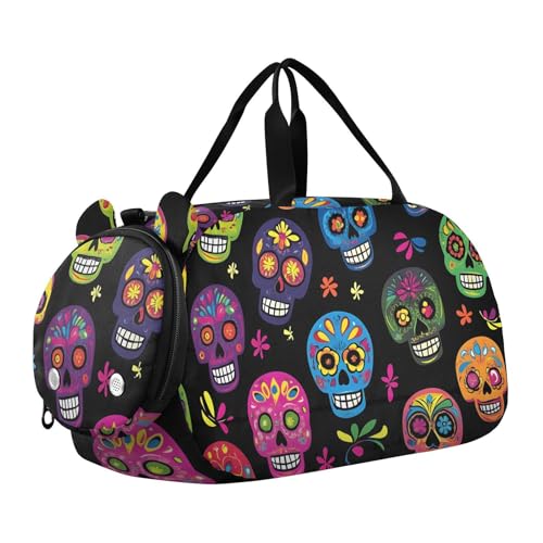 Kids Sports Duffel Bag for Boys & Girls - Day Of The Dead Sugar Skull 100% Polyester Gym Bag with Separate Shoe Compartment, Adjustable Shoulder Strap, Compact Travel & Workout Gear Bag - color: Day Of The Dead Sugar Skull