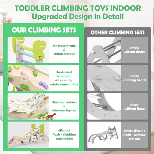 12 in 1 Pikler Triangle Set with Cushion, Montessori Toddler Climbing Toy | Wooden Indoor Climbing Gym, Rope Ladder, Shape Sorter, Push Car, Baby Activity Toy, Motor Skills Development, Dinosaur Design