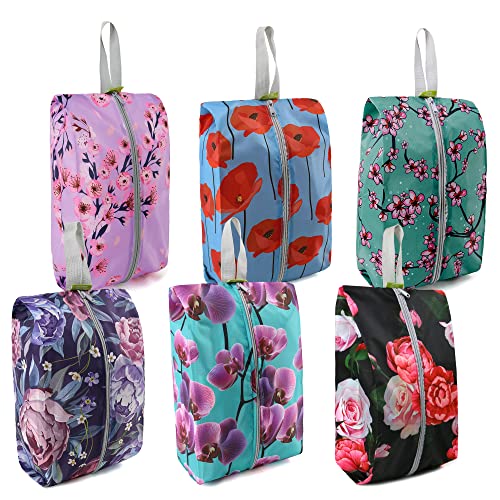 BeeGreen Shoe Organizer 6pcs Shoe Bags with Zipper Closure, Flower Design Shoe Storage Organizer with Handle Travel Bags For Men and Women, Portable Nylon Travel Gifts - color: Green-plum Flower