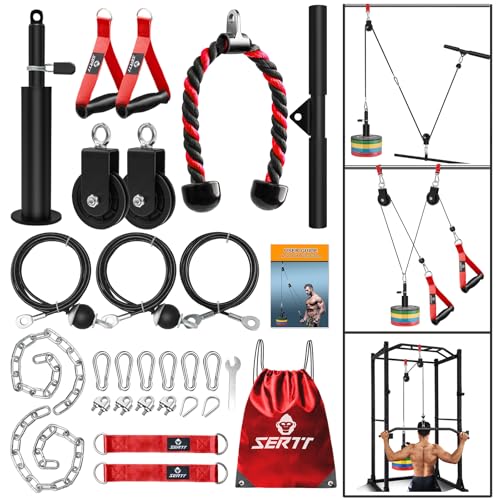 SERTT Weight Cable Pulley System Gym, Upgraded Cable Pulley Attachments for LAT Pull Down, Biceps Curl, Tricep, Arm Workouts - Home Gym Add On Equipment - color: Red