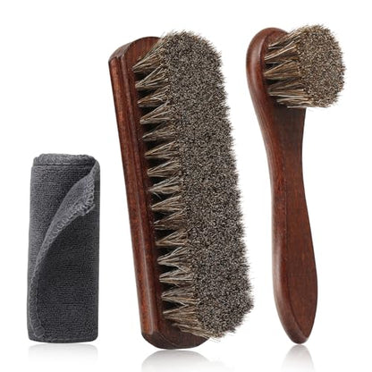 3pcs 100% Horse Hair Shoe Brush Kit Shoe Shine Kit Beech Wood Leather Care Set Suede Boot Cleaner Polish Applicator Dauber Buffing Cloth Soft Natural Bristles Men Gift Box for Boots Shoes Sneakers Car