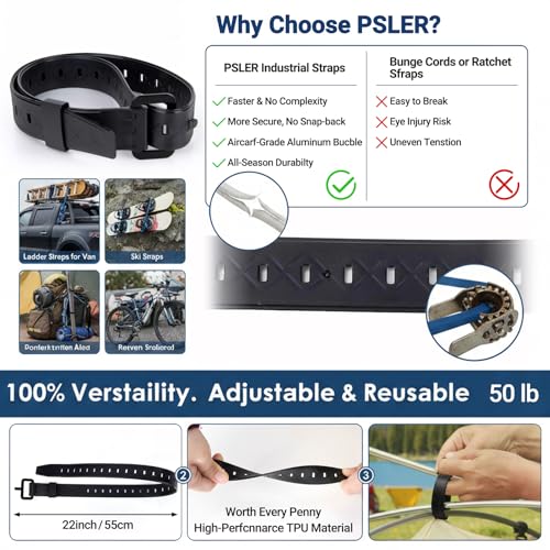 PSLER 2 Pack 22 Inch Industrial TPU Tie Down Straps with Aluminum Buckle | Elastic TPU material, reusable ladder strap for ski, luggage & equipment securing, 50LBS capacity, stable for outdoor use