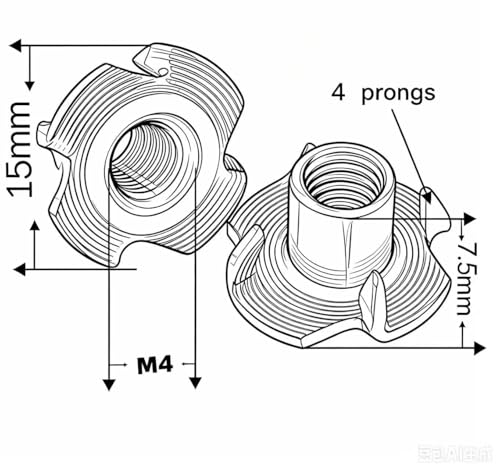 M4 Tee Nuts for Wood: 40 Pack Thickening 4 Prong Threads Inserts Carbon Steel – Clean Threads No Rust – for Plywood & Particle Board - size: M4(40Pack)