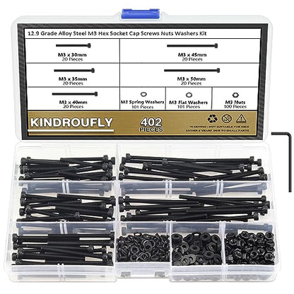 402 Pieces Black M3 x 30/35 /40/45 /50 mm Hex Socket Head Cap Screws Nuts Washers Assortment Kit, 12.9 Grade Alloy Steel - size: M3 x 30/35/40/45/50mm, style: Socket Head