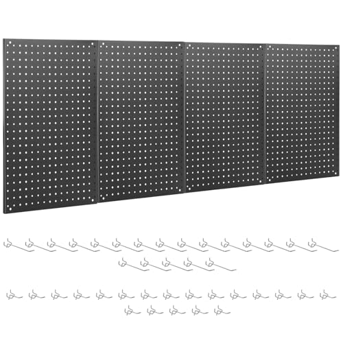 ENJOYWOOD Pegboard, 4 PCS 24"×16" Metal Peg Board Panels Black Modular Wall Organizer Kit with 40 Hooks, Dual-Size Hole Design for Home Tool Storage, Garage Organization, Kitchen, Office, Craft Room - size: 4 PCS