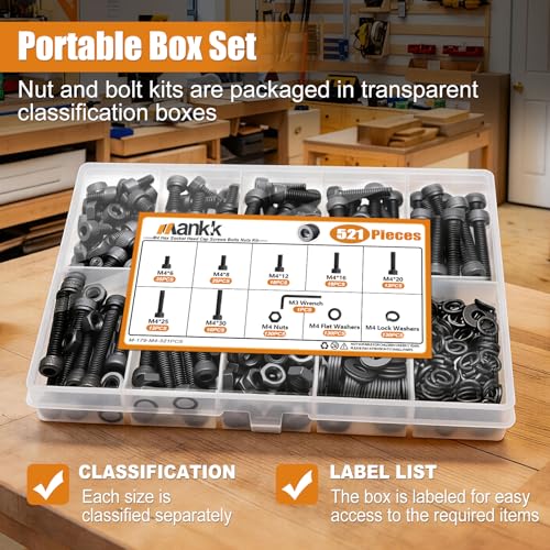 mankk 521PCS M4 Screws Assortment Kit,M4 x 6/8/12/16/20/25/30mm Hex Socket Head Cap Bolts Nuts & Washers Assortment Kit 12.9 Grade Alloy Steel Machine Screws - size: M4, style: Hex Socket Cap