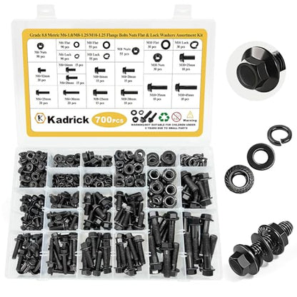 Kadrick Metric Flange Bolt Assortment Kit，700Pcs M6 M8 M10 Bolt Kit,M6-1.0 M8-1.25 M10-1.25 (12mm to 45mm) Hex Bolts Nuts and Washers Kit,Black Zinc Plated - size: M6 M8 M10 700Pcs Flange HEX