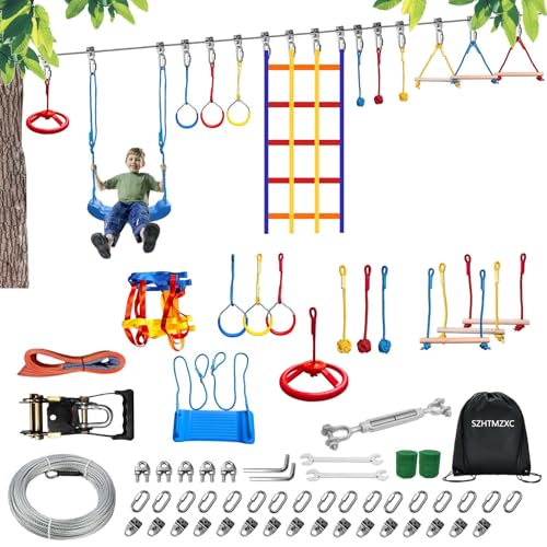 55FT Ninja Warrior Obstacle Course for Kids Backyard Outdoor | Stainless Steel Main Cable, 12 Ninja Training Children Toy Accessories, Monkey Bar, Climbing Net, Swing, CPSC Approval - size: 55FT 12Pcs
