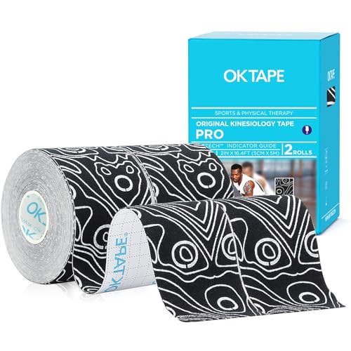 OK TAPE PRO Kinesiology Tape Uncut Roll, Elastic Physical Therapy Tape | 2 Inch Athletic Tape for Pain Relief, Muscle Support, Kinetic Tape, Water Resistant, 16.4Feet -Black 2 Rolls - color: Black B, size: 2 Rolls