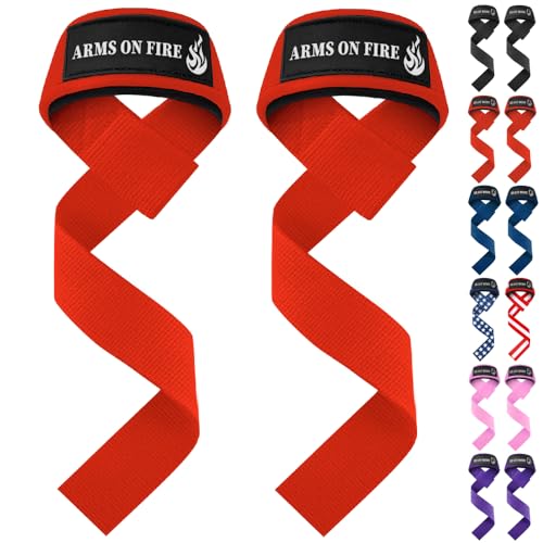 TECEUM Lifting Straps for Weightlifting Gym Strength Training - Wrist Straps with Neoprene Padded Cotton - Men & Women – Ideal for Powerlifting, Bodybuilding & Deadlifts - color: Red, size: 18" - Arms on Fire
