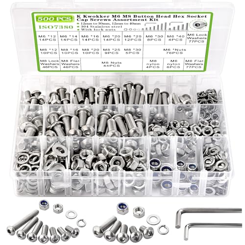500Pcs M6 M8 Button Head Hex Socket Metric Screws Assortment Kit | 12mm-40mm 304 Stainless Steel Machine Nuts and Bolts with Lock Nut and Washers, M6x1.0 Bolt, M8x1.25, for Equipment Assembly - size: G. M6 M8