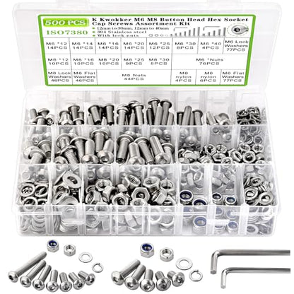 500Pcs M6 M8 Button Head Hex Socket Metric Screws Assortment Kit | 12mm-40mm 304 Stainless Steel Machine Nuts and Bolts with Lock Nut and Washers, M6x1.0 Bolt, M8x1.25, for Equipment Assembly - size: G. M6 M8