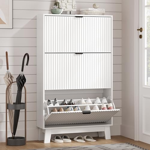 Shoe Cabinet Storage for Entryway with 3 Flip Drawers, Fluted Narrow Shoe Organizer with Wooden Legs, Freestanding Slim Shoe Storage Hidden Shoe Rack Organizer for Front Door Entrance, Hallway, White - color: White, size: 3 Drawer