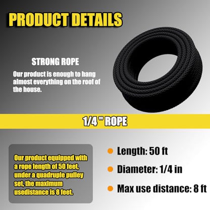 Block and Tackle 2200 LBS Breaking Strength Heavy Duty Pulley, 50 Ft 3/8" Rope Pulley, 5:1 Lifting Power Pulley System, Pulley Hoist for Animal Husbandry, Warehouses, Constructions(Black) - color: BLACK