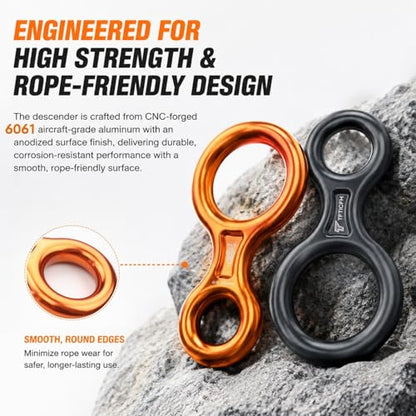 Figure 8 Descender, 30kN Climbing Descender, Heavy Duty 7075 Aluminum Belay & Rappel Equipment for Climbing, Mountaineering, Arborist, Caving, Aerial Yoga - color: 35kN-Orange