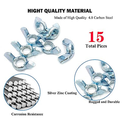 15 PCS 1/2-12 Inch Wingnuts, Quality Carbon Steel Wing Nuts Zinc Plated Fasteners Parts Butterfly Nut, Hand Twist Tighten Hardware Nuts Butterfly Wing-Nut 1/2-12” Assorted Kit - size: 1/2"-12 - Carbon Steel - 15 Pcs