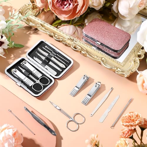 Geosar 50 Set 8 in 1 Travel Manicure Kit Bulk Professional Nail Clippers Pedicure Nail Care Tools Grooming Stainless Steel Set with Portable Travel Case, Gift for Valentine Men Women(Glitter Pink) - color: Glitter Pink