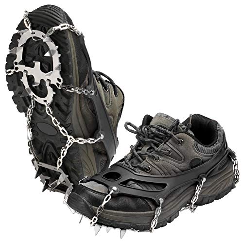 18 Spikes Traction Cleats for Women Men, Slip Ice Snow Grips with Storage Pouch, Fits Hiking Boots Shoes for Walking Fishing Mountaineering - color: Black, size: X-Large