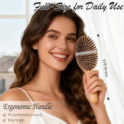 100% Boar Bristle Hair Brush for Thin Fine Hair, Shine & Frizz Control | Handmade Wooden Slick Back Brush Gently Smooth Polish Dry Damaged Hair for Women & Men, Minimize Flyaways, Reduce Breakage