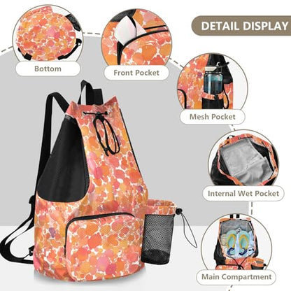 Drawstring Backpack Climbing Gym Bag With Water Bottle Pocket Athletic Cinch Sack Waterproof Watercolor Abstract Orange Bubbles