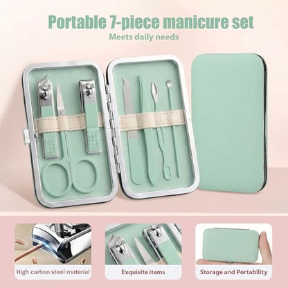 Manicure Kit for Women Men-Manicure Set with Case, Nail Clippers, Portable Nail Care Kit for Travel Home Personal Grooming（Matcha Green 7 in 1） - color: Green2