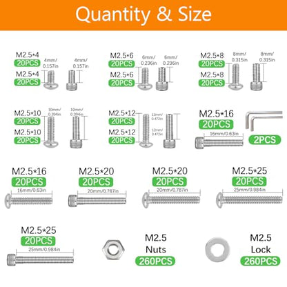 842 Pcs Metric Screws Assortment Kit, M2.5 Screw Kit, Small Assorted Nuts and Bolts Assortment Kits, Stainless Steel Hex Socket Button Head Screw & Hex Socket Head Screw Set with Washers + Wrenches - size: M2.5-842Pcs