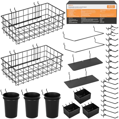 INCLY 30PCS Peg Board Organizer Accessories Kit with Bins, Cups & Baskets | Pegboard Hooks Assortment, Wire Baskets, Paper Towel Holder, 1/8" and 1/4" Pegboard, For Garage Workbench Craft Room - color: Black