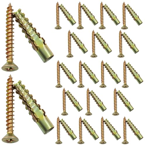 BokWin 20 Pack Gold Anchors and Screws Kit | Heavy Duty Hollow Wall Hinge Repair Kit, For Concrete Drywall Wood, Tree Shape Expanding Grip, For Loose or Stripped Holes