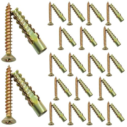 BokWin 20 Pack Gold Anchors and Screws Kit | Heavy Duty Hollow Wall Hinge Repair Kit, For Concrete Drywall Wood, Tree Shape Expanding Grip, For Loose or Stripped Holes
