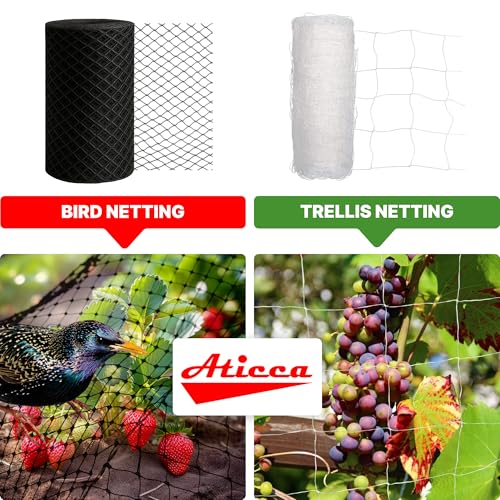 ATICCA Heavy Duty Bird Netting for Garden Protection & Fruit Trees, 7.5x65 Ft with 10 Stakes – Black Anti-Bird Net for Poultry, Deer, & Squirrel Protection, Durable Mesh for Garden and Yard Use - size: 7.5x65 Bird Netting