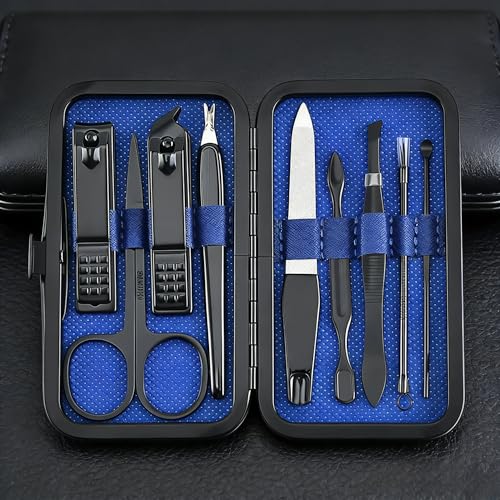 9-in-1 Manicure & Grooming Kit,Stainless Steel Nail Clippers Set with Leather Case for Men & Women,Hand Foot Facial Care Kit for Travel & Home Use(Blue)
