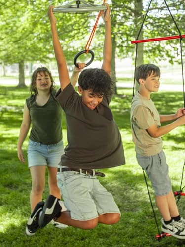 Slackers Deluxe Ninjaline Kit 56 ft with 9 Hanging Obstacles - Best Outdoor Ninja Warrior Training Equipment for Kids - Build Your Very Own Backyard Ninja Obstacle Course - Rated Ages 5+