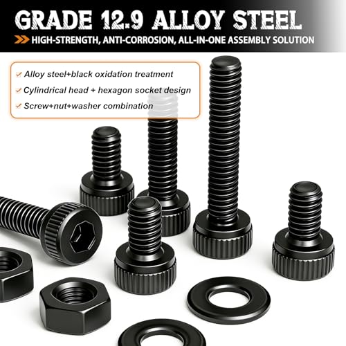mankk 204PCS M6 Screws Kit M6 x 8/10/12/16/20/25/30/35mm Hex Socket Head Cap Bolts Nuts & Washers Assortment Kit 12.9 Grade Alloy Steel Machine Screws - size: M6, style: Hex Socket Cap