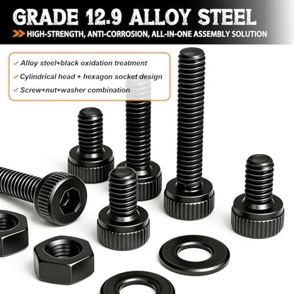 mankk 204PCS M6 Screws Kit M6 x 8/10/12/16/20/25/30/35mm Hex Socket Head Cap Bolts Nuts & Washers Assortment Kit 12.9 Grade Alloy Steel Machine Screws - size: M6, style: Hex Socket Cap