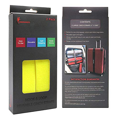 Reusable Cinch Straps 2" x 100" - 2 Pack - Hook and Loop Straps (Neon Yellow) - color: Yellow, size: 2" x 100"
