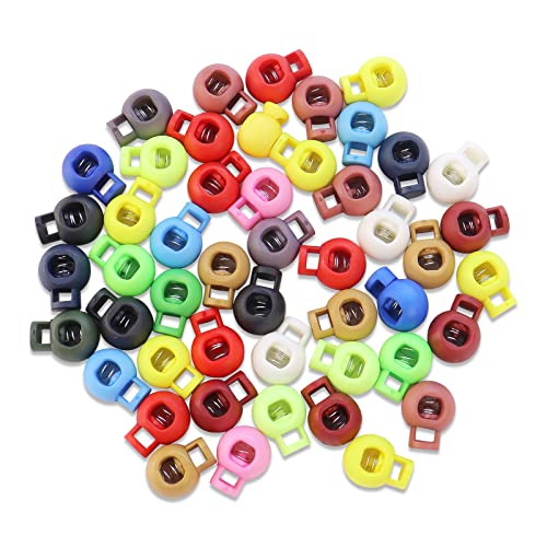 50 Pcs Plastic Spring Cord Locks Single Hole Toggle Stopper for Drawstring | Spring Loaded, Elastic, Lanyard Adjuster, Single Hole, Round Ball Shape, Assorted Colors