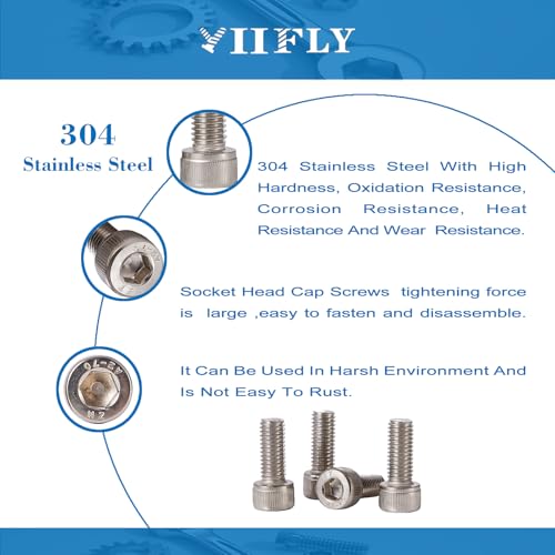 M6-1.0 Socket Head Cap Screws - 8/10/12/16/20mm Length Kit, 304 Stainless Steel (A2-70), Allen Drive,Bright Finish, Fully Threaded, 50-Piece Set - size: M6-8-20mm（50pcs）