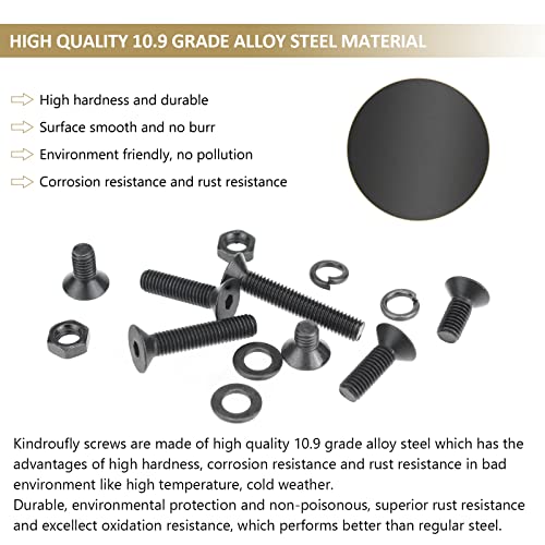 242 Pieces Black M5 x 6/8 /10/12 /16/20 /25mm Countersunk Head Socket Cap Screws Nuts Washers Assortment Kit, 10.9 Grade Alloy Steel - size: M5, style: Countersunk Head