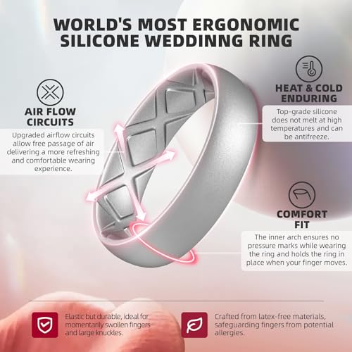 Egnaro Women's Stackable Silicone Rings, 2.5/5.5mm Wide 1.8/2mm Thick Bands | Comfort-Fit Rubber Bands Offer Breathable Flexibility for Nurses, Workouts, Pregnancy, Yoga, Travel, Office, and All-Day Wear - color: A34-Black, Metallic Silver, Marble, Dark s