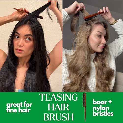 GranNaturals Boar & Nylon Bristle Styling Brush - Teasing Comb with Rat Tail Pick for Backcombing, Smoothing, Edge Control and Volume Creation