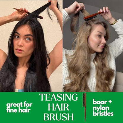 GranNaturals Boar & Nylon Bristle Styling Brush - Teasing Comb with Rat Tail Pick for Backcombing, Smoothing, Edge Control and Volume Creation