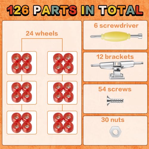 Jexine 6 Sets DIY Fingerboard Kit Fingerboard Accessories Mini Finger Skateboard Parts Include 12 Brackets 54 Screws 30 Nuts 6 Screwdriver 24 Board Wheels Tool for 96mm(Red) - color: Red