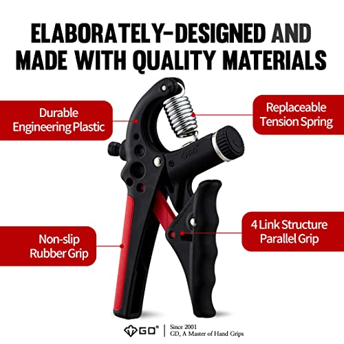 GD Grip2 Adjustable Grip Strength Trainer Hand Gripper Forearm Strengthener | Adjustable resistance 22~77lbs Squeezer, Hand grip strengthener, Gripper exerciser Devices, Stress Relief Grips Recovery - color: RED