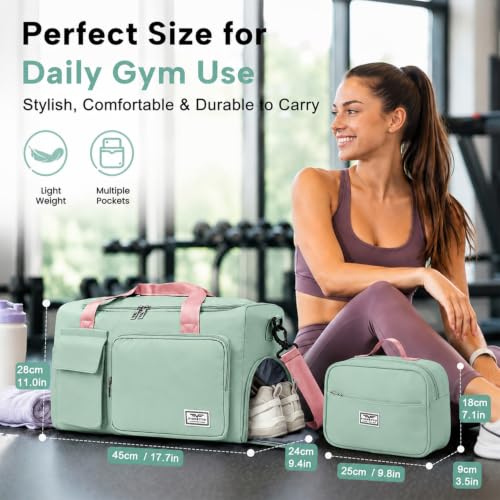 FIORETTO Women's Gym Duffle Bag with Shoes Compartment, 30L Capacity, Ideal for Travel, Gym, Sports, Duffel, Weekender - color: Green & Pink, style: Gym Bag With Toiletry Bag